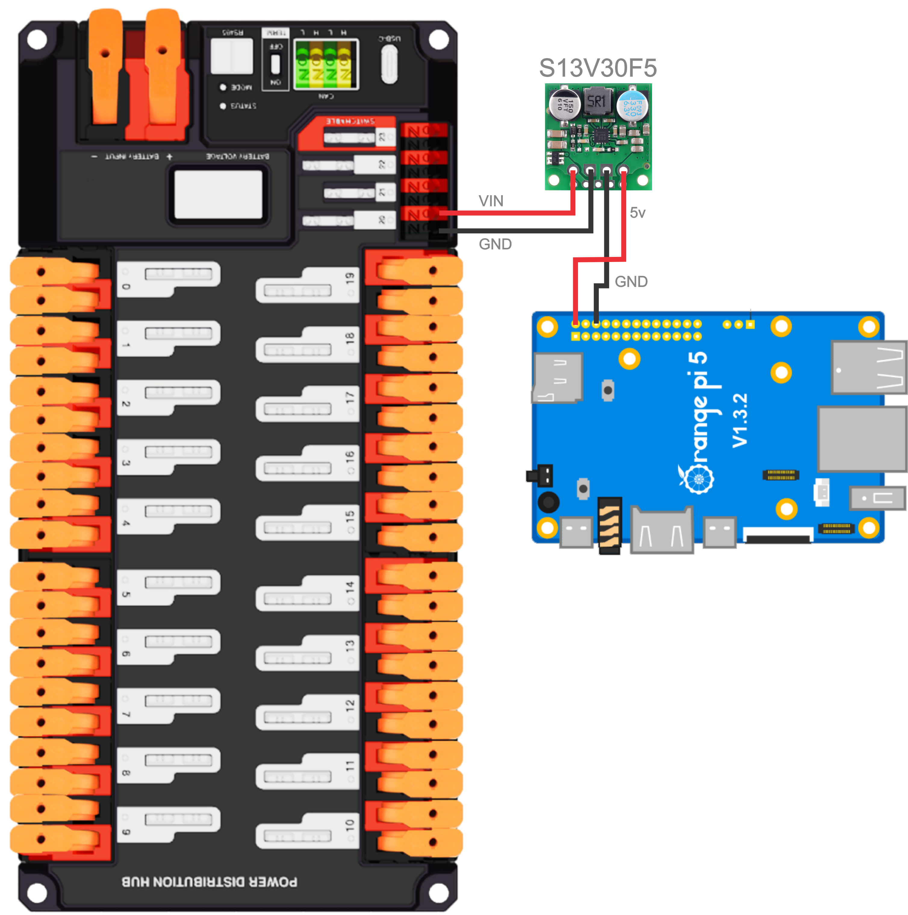 Wiring the opi5 to the pdp using the Pololu S13V30F5