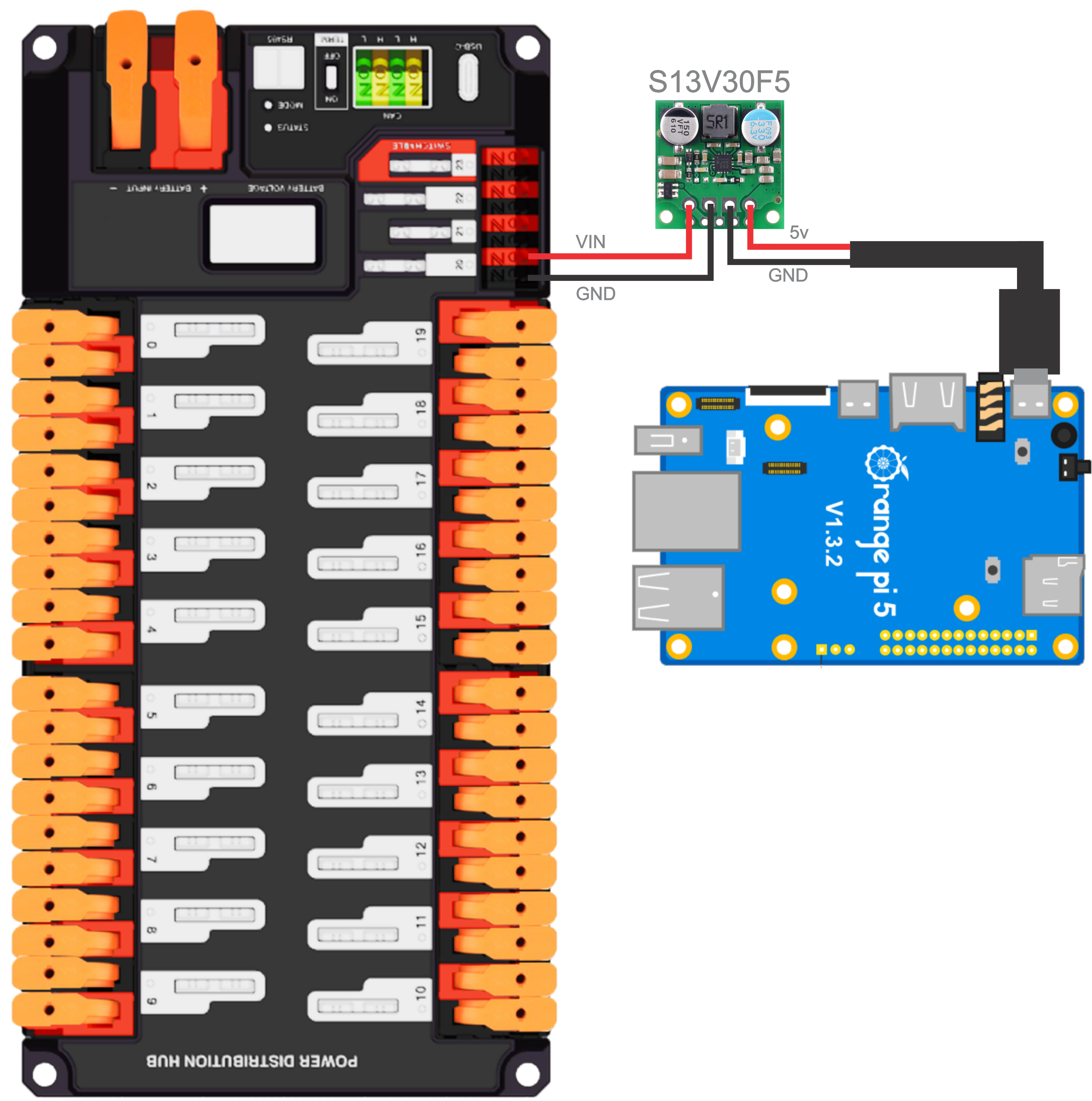 Wiring the opi5 to the pdp using the Pololu S13V30F5 and a usb c pigtail