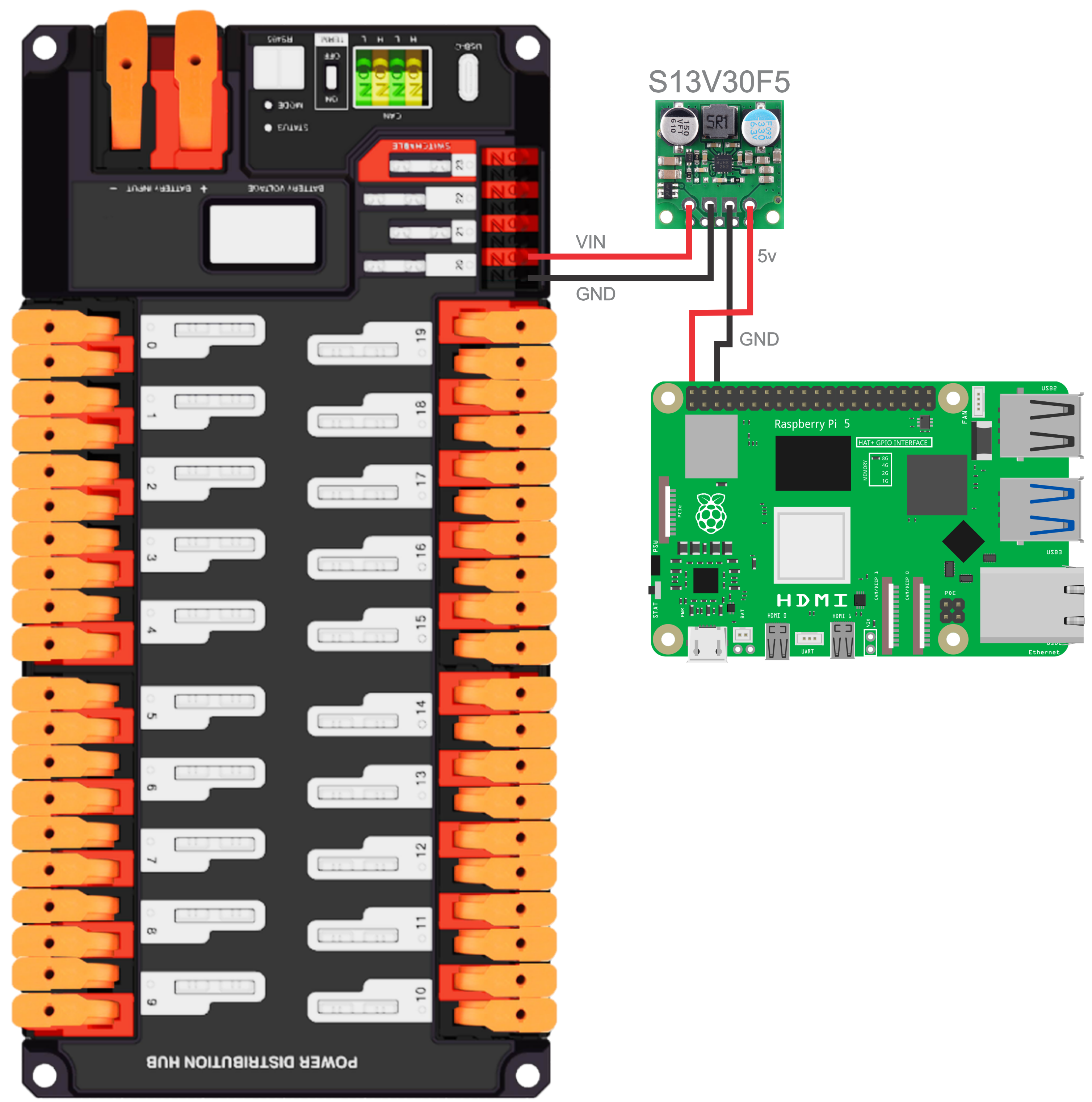 Wiring the RPI5 to the pdp using the Pololu S13V30F5