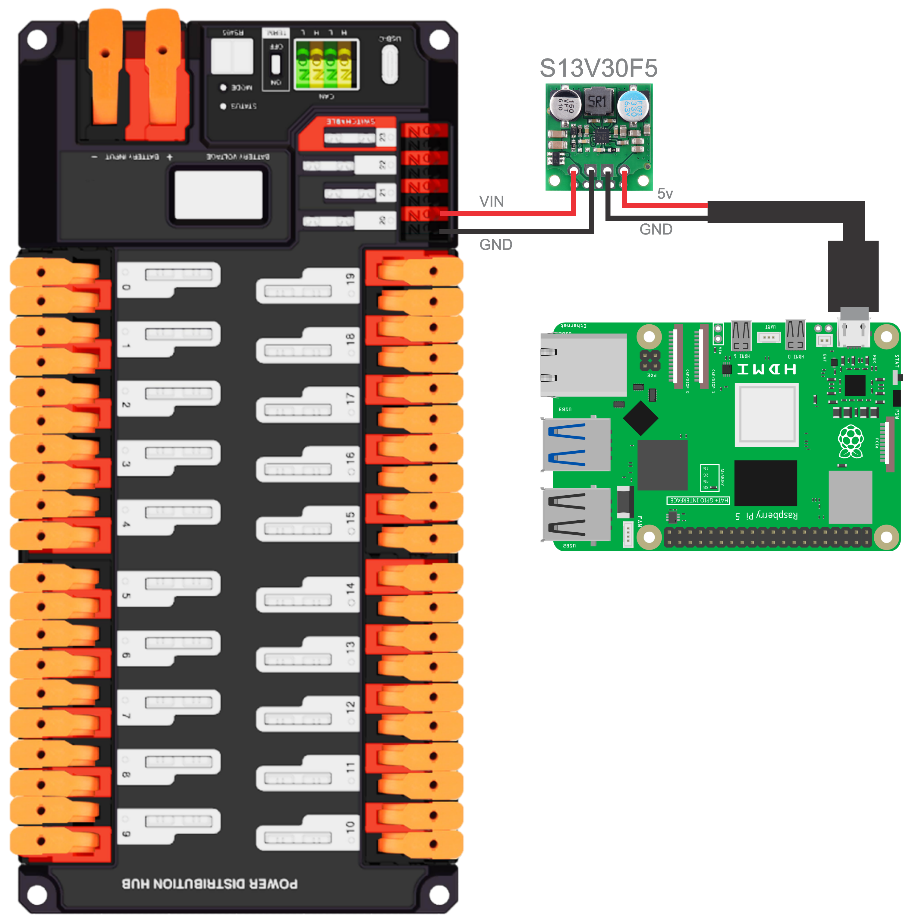 Wiring the RPI5 to the pdp using the Pololu S13V30F5 and a usb c pigtail