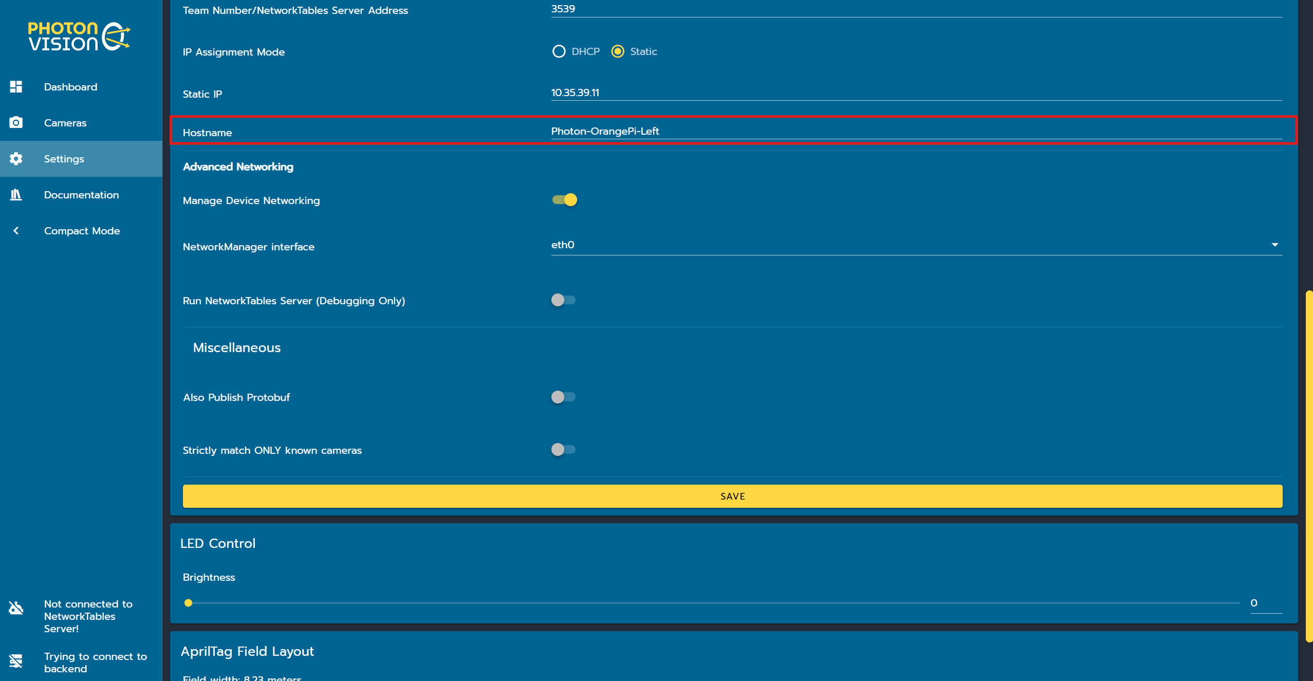 The hostname can be edited in the settings page under the network section.