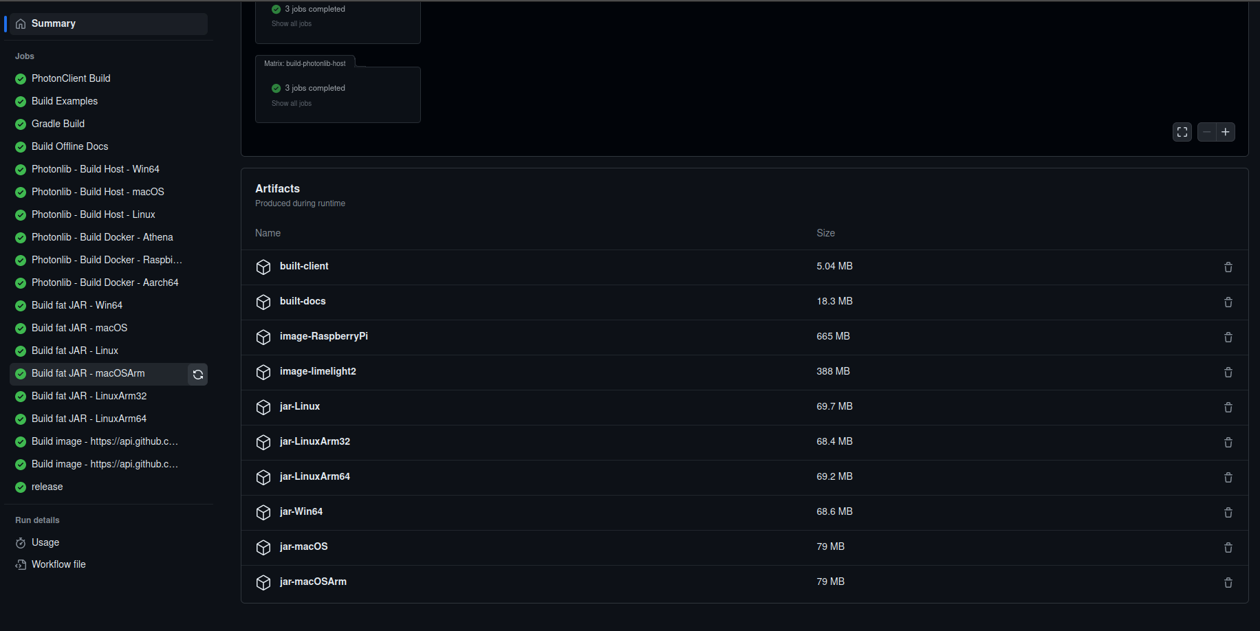 Github Actions artifact list