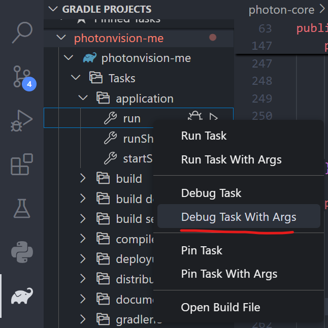 An image showing how VSCode gradle tasks can specify additional arguments.