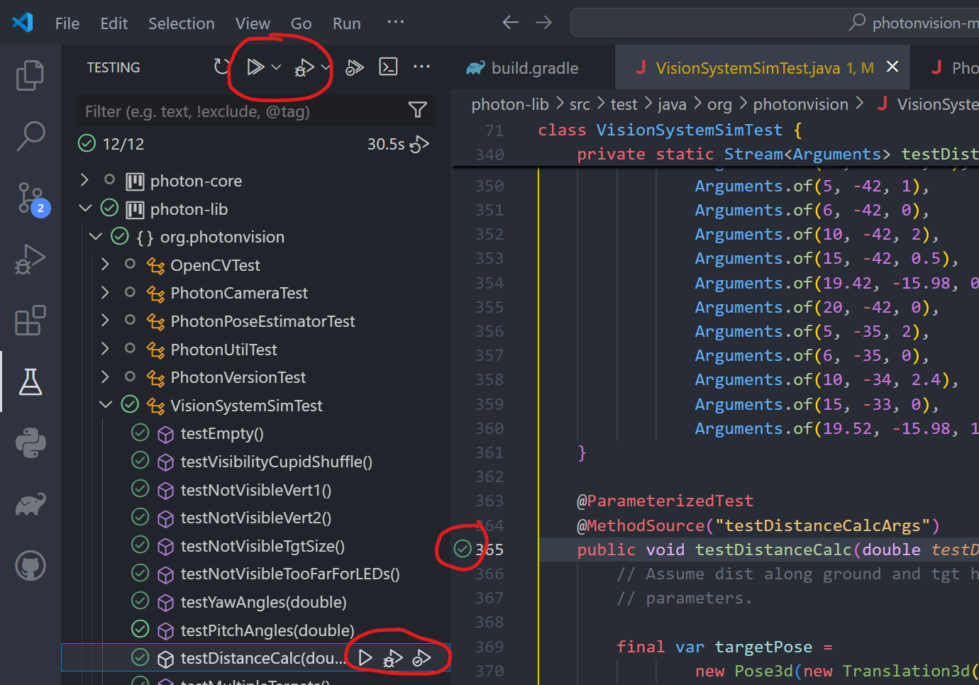 An image showing how unit tests can be ran in VSCode through the Test Runner for Java extension.